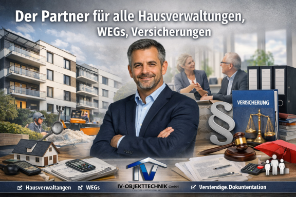 Projektmanagement für Hausverwaltung Projektleiter mit Dokumenten, Wohnungsbildern und rechtlichen Symbolen im Hintergrund.