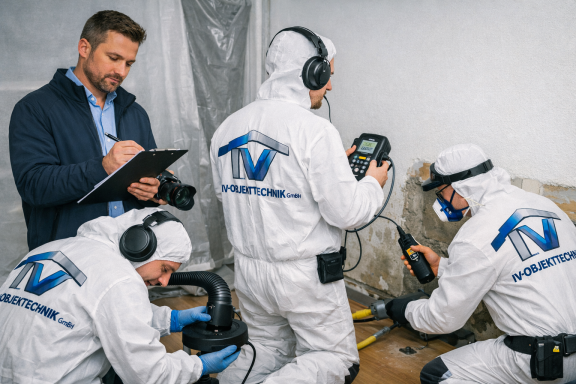 Schadensaufnahme Vier Techniker in Schutzausrüstung überprüfen Rohre in einem Raum. Der Projektleiter dokumentiert.